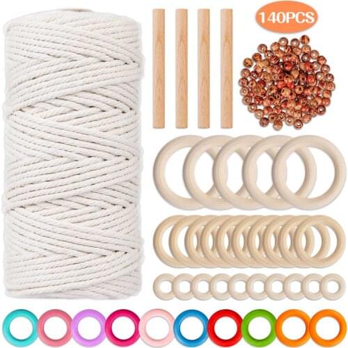 140pcs/set Macrame Cord,100m Natural Macrame Cord Rope 3mm with 100Pcs Wood Beans for DIY Craft Plant Hangers Knitting (3mm DIY)