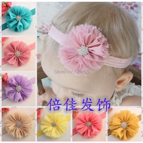 Baby time sale Fashion Chiffon Shabby Flowers with Rhinestone center baby headbands Solid Hairy flowers Wholesale 24PCS
