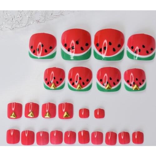Watermelon Red Pre Designed Toe Nails False Nail Tip For Foot Full Cover Press On Charms Lovely Gels Short Nails For Toe Supplie