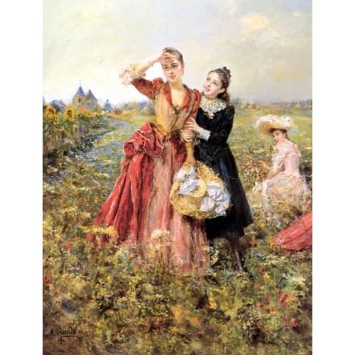 Free shipping classical girls garden scenery canvas prints court figure oil painting printed on canvas wall decoration picture