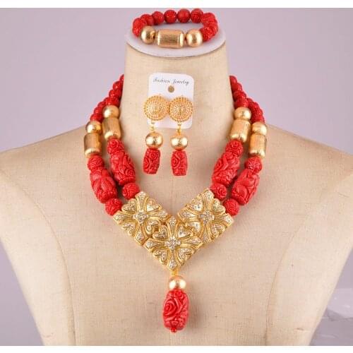 Elegant red nigerian wedding coral jewelry set carved flower artificial coral beads african jewelry set C21-20-02