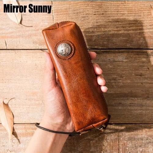 First Layer Cowhide Genuine Leather Coin Purse Retro Glasses Case Male Key Wallet Simple Multifunctional Zipper Storage Bag
