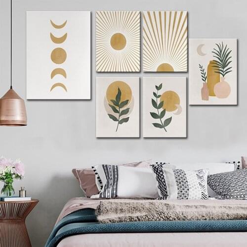 Beautiful Vase Plant Canvas Poster Sun and Moon Minimalist Wall Art Painting Geometry Print Boho Wall Pictures Bedroom Decor