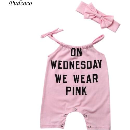Cute Newborn Baby Girls Bodysuit Letter Pink Bodysuit Jumpsuit+Headband Outfits Sunsuit Clothes