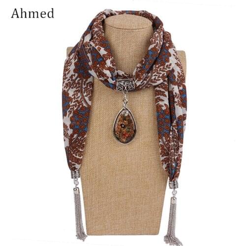 Ahmed Fashion Printed Resin Pendant Chiffon Tassel Scarf Necklaces For Women New Ethnic Maxi Collar Choker Necklace jewelry