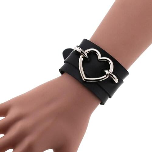 Fashion Silver Color Metal Heart Wide Cuff Leather Bracelets Wristband Gothic Armband Punk Gothic Rock Bangles Emo Witch Jewelry