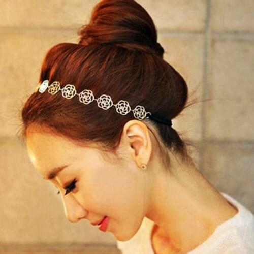 New Fashion Lovely Metallic Women Hollow Rose Flower Elastic Hair Band Headband Headwear Accessories