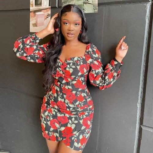 TNNAOFF New Popular Flower Bodycon Mini Dress for Women Birthday Outfits Fall Fashion Long Sleeve V-neck Lounge Wear Dresses