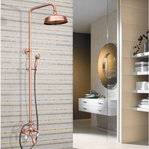 New Wall Mount Outdoor 8" Rain Shower Faucet Set Antique Red Copper Dual Handles Swivel Tub Spout Bath Shower Mixers Tap zrg531