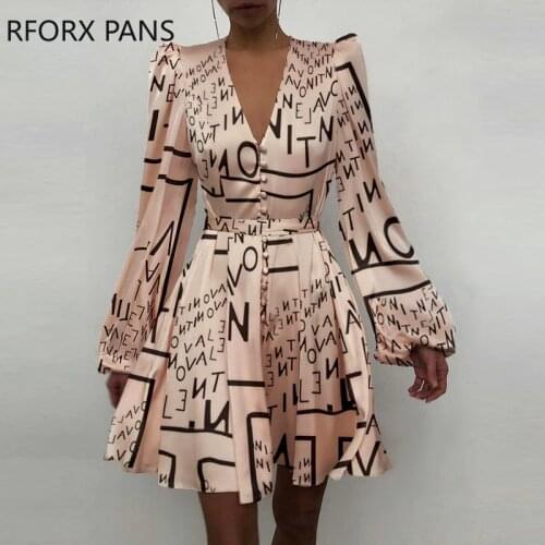 Letter Print Puff Sleeve Ruched Button Front Dress For Women