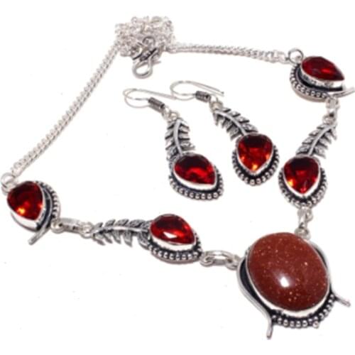 Sun Stone,Garnets Necklace + Jewelry Set Silver Overlay over Copper , 48.6 cm, N4354