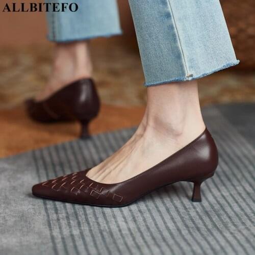 ALLBITEFO Fashion weave genuine leather brand high heels shoes women heels shoes office ladies shoes Talons hauts femme
