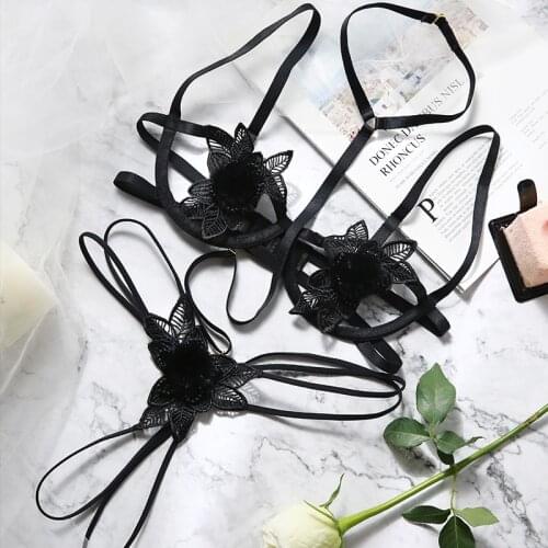Hair Ball Embroidery Flower Ultra Thin Hollow Out Bra Crotchless Thong Set with Hlater Necklace Lingere Sexy Bra and Panty Set