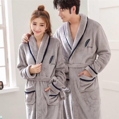 Thicken Flannel Couple Robe Kimono Gown Winter Warm Sleepwear Women Nightgown Soft Coral Fleece Bathrobe Homewear Nightwear