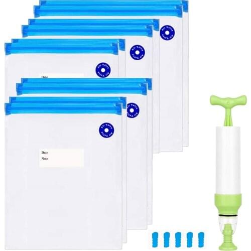 Kitchen Food Vacuum Seal Bag Reusable Multifunction 5 Sizes Eco Friendly Transparent Food Storage Sealed Bags Hand Pump
