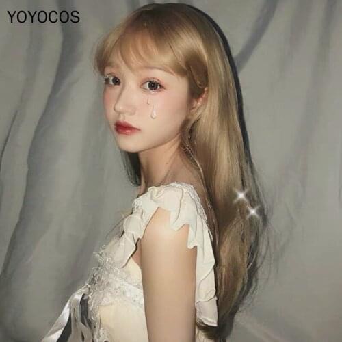 YOYOCOS Yellow Linen Long Straight Hair Beige Daily Wig 70CM Cosplay Party Festival Wig Blunt Bang Heat Resistant Sythentic Hair