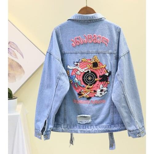 2020 Autumn Denim Jacket Women Casual Loose Overcoat Heavy Industry Bead Cartoon Hole Jeans Jacket Female Outwear Denim Feminine