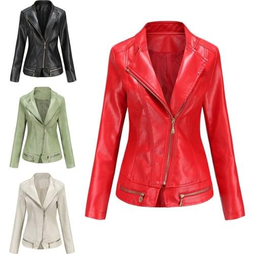 S-4XL Faux Leather Women Jackets Solid Color Slim Thin Jacket and Coats For Autumn Zippers Casual Fashion Elegant Chic OL C2731