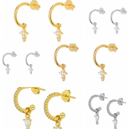 925 Silver Ear Needle Semi Circle Cross Drop Stud Earrings For Women Engagement Party Crystal Earring Fashion Korean Jewelry