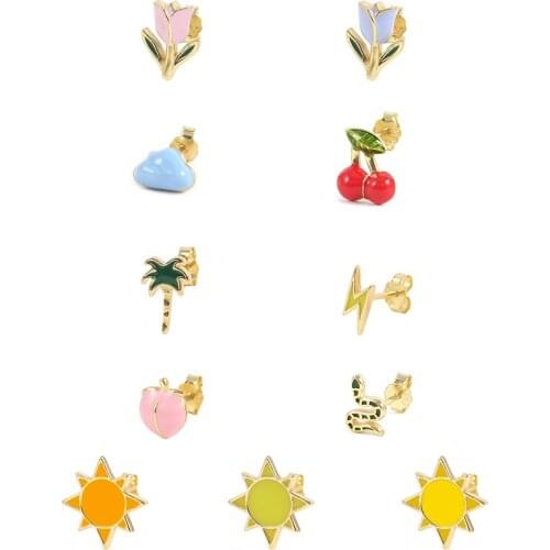BOAKO 2021 925 Silver Earrings Summer Cherry Crystal Enamel Colorful Fruit Stud Earrings For Women Girl Piercing Earrings Joyero