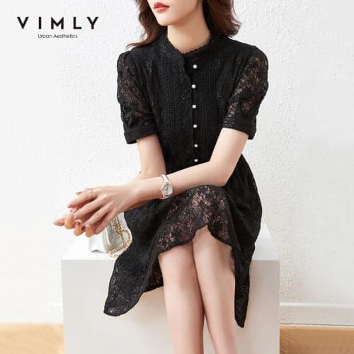 VIMLY New Summer Dresses for Women Elegant Stand Collar Mini Dress Buttons High Waist Black Lace Vestidos Female Sundress F7388