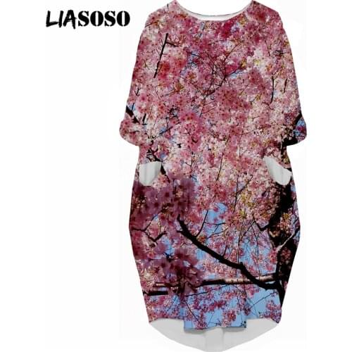 LIASOSO Beautiful Sakura Dress 3D Print Ladies Harajuku HipHop Fashion Loose Autumn Long Sleeve Pocket Over the Knee Dress Women
