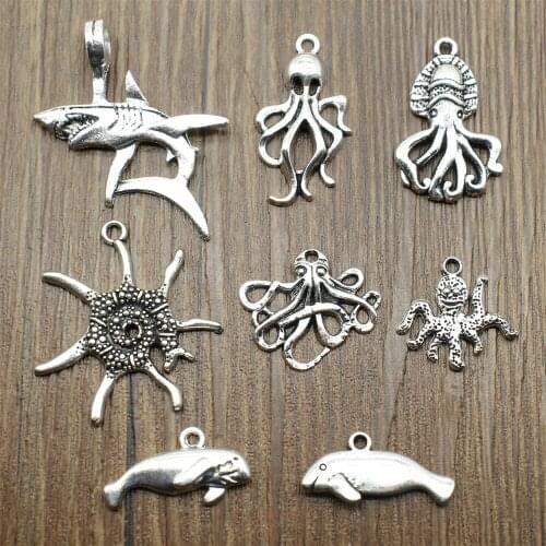 10pcs Charms Octopus Shark DIY Jewelry Findings For Jewelry Making Accessories Antique Silver Color Seal Squid Charms