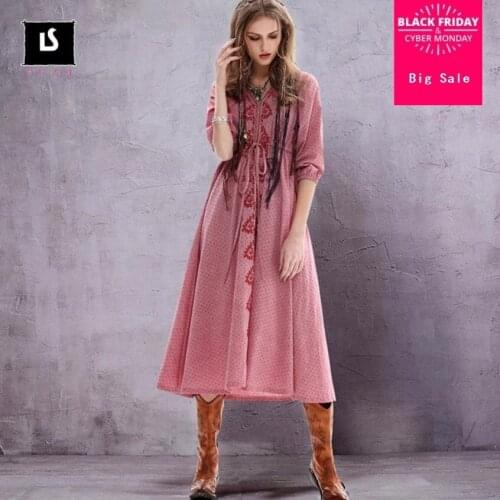 2018 fashion brand new flower embriodery cotton and linen dress female retro v-neck Slim seaside Empire holiday dress wq21