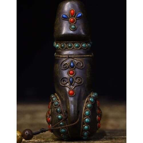 Home Decor 4"Tibet temple Old Natural meteorite Filigree mosaic Gem Dzi Bead Giant sun god Male genitalia Pendant Exorcism