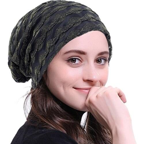 Geebro Women Lace Gold and Silver Skullies Beanies Hats For Ladies Slouchy Hollow Wave Pattern Turban Caps Baggy Casual Bonnets
