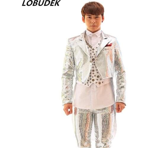 Nightclub Punk Rock Male Singer Tailcoat Silvery Sequins Suits Tide Cool Tuxedo Performance Outfit Hip-Hop Dancer Host Costumes