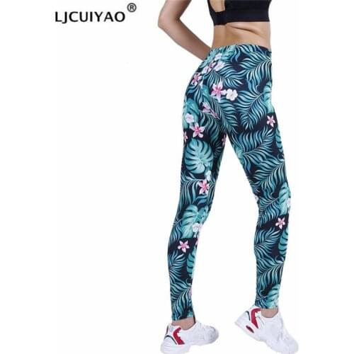 LJCUIYAO Print Legging Sport Women Fitness High Waist Yoga Pants Gym Leaf Floral Workout Running Activewear Push Up Slim Bottom