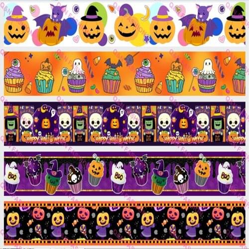 16mm ~75mm Halloween Pumpkin ghost Design Printed Grosgrain Ribbon Party DIY Sewing Hair Bows Gifts Craft Supplies
