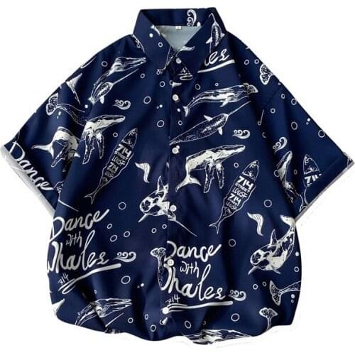 ICCLEK Summer Short-sleeved Flower Shirt Male Tide Ruffian Handsome Beach Design Sense Cartoon Female Loose Shirt Hawaii