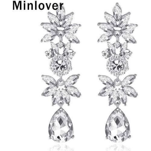 Minlover Fashion Colorful Rhinestone Long Drop Earrings Brand Design Flower Crystal Bride Teardrop Earrings for Wedding MEH1206