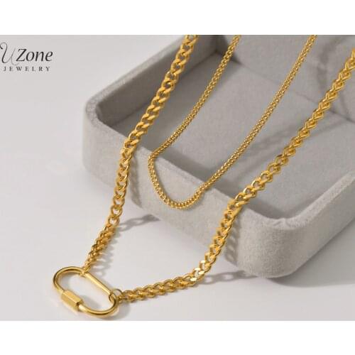 UZone Fashion Stainless Gold Cuban Oval Pendant Necklace Double Layers Chain Choker Necklaces For Women Girls Jewelry Gift
