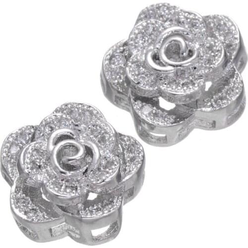 Fashion Micro Pave Rose Flower Charm Beads Clear Crystal Zircon Stone Findings For Fine Jewelry DIY Making 5pcs CHF127