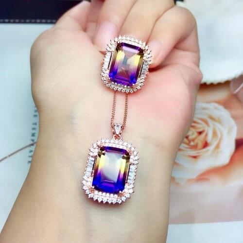 The Best engagement Gift Ametrine jewelry set Natural Real Ametrine 925 sterling silver 1pc pendant,1pc ring