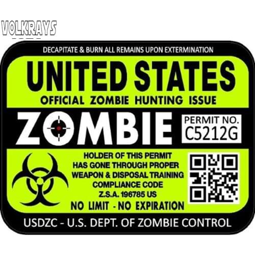 Volkrays Zombie Series Car Sticker "united States" Hunting License Permit Retro-reflective Decal for Auto Motorcycles,15cm*11cm