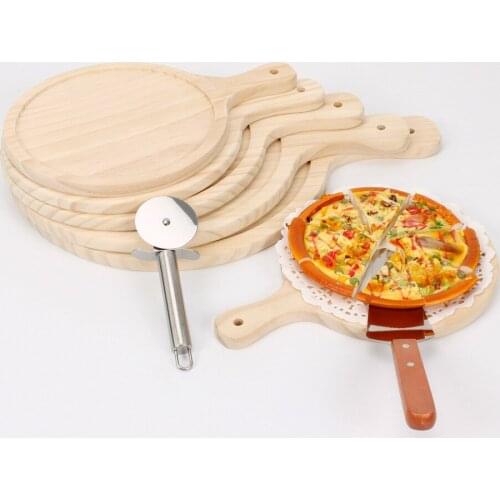 New Simple Home Wooden Round Pizza Board with Hand Pizza Baking Tray Stone Cutting Board Platter Pizza Stone Cake Bakeware