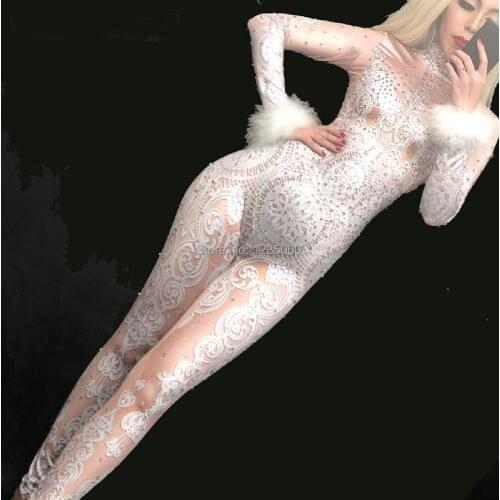 Sexy White Feather Lace Nude Rhinestone Bodysuit Jumpsuit Female Singer Stage Wear One-piece Costume Stretch Outfit