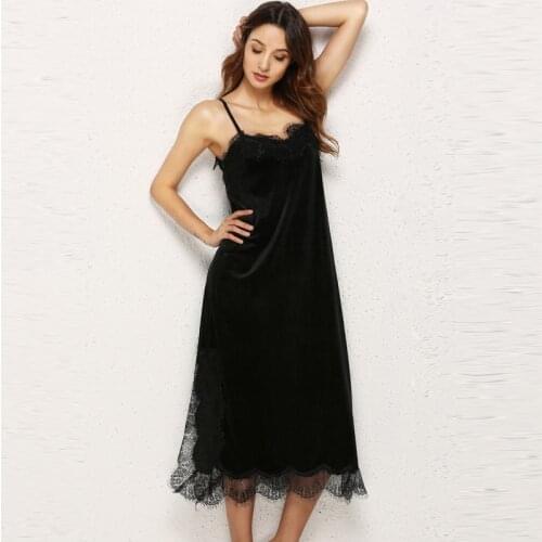 Sexy Suspenders Gold Velvet Nightdress Slim Nightwear Black Sleep Dress Night Gown Sexy Sleepshirts Womens Nightgown Sleepwear