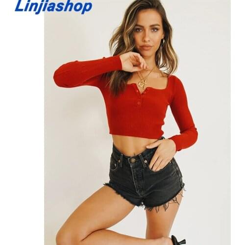 Chic Red Women Sweater Square Collar Buttons Knitted Tops France pull femme Long Sleeve Sweaters