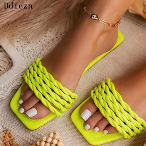 Slippers Women Flip Flop Summer Shoe New 2021 Casual Flip flops Indoor Pu Weave Square Toe Slides Female Shoes Beach Slides