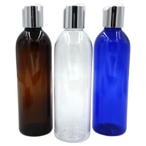 280ML BLUE ROUND SHOULDER PET BOTTLE WITH SHINY SILVER DISC LID FOR LOTION/SHAMPOO/EMULSION COSMETIC PACKING