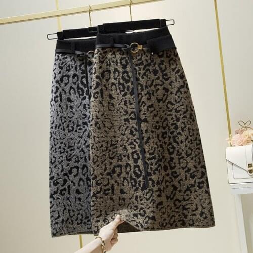 Leopard-print knitted skirt 2021 autumn winter new all-match belt split one-step skirt a-line thick mink velvet hip skirt s221