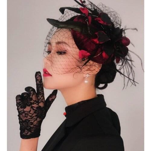 Wine red dress headdress The Princess of England Celebrity Evening Hat Cheongsam Hair Horse Club Velvet screen cap