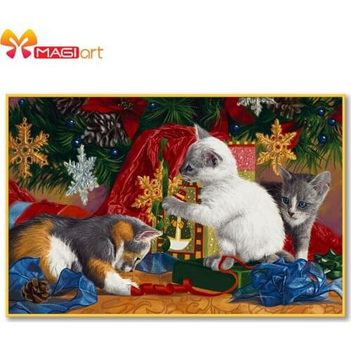 Cross stitch kits Embroidery needlework sets 11CT water soluble canvas patterns 14CT Full Christmas Animals Cat play -NCMC066