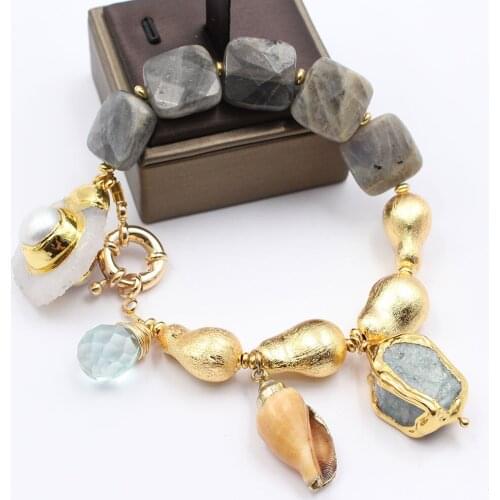 GuaiGuai Jewelry Natural Square Labradorites Blue Amazonites White Pearl Quartzs Shell Gold Plated Beads Bracelet For Women