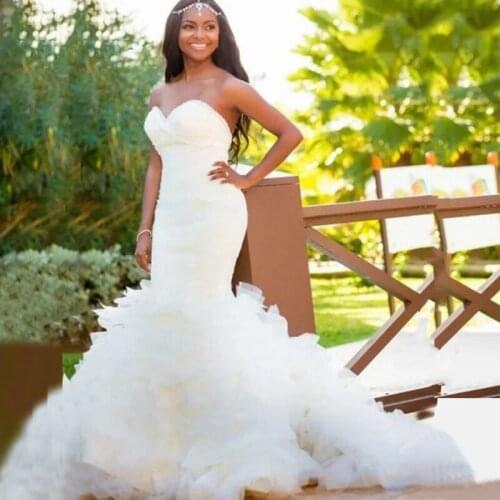 South African White Mermaid Open Back Bridal Wedding Dresses Organza Sweetheart Wedding Gowns for Bride Tiered Ruffle Bottom